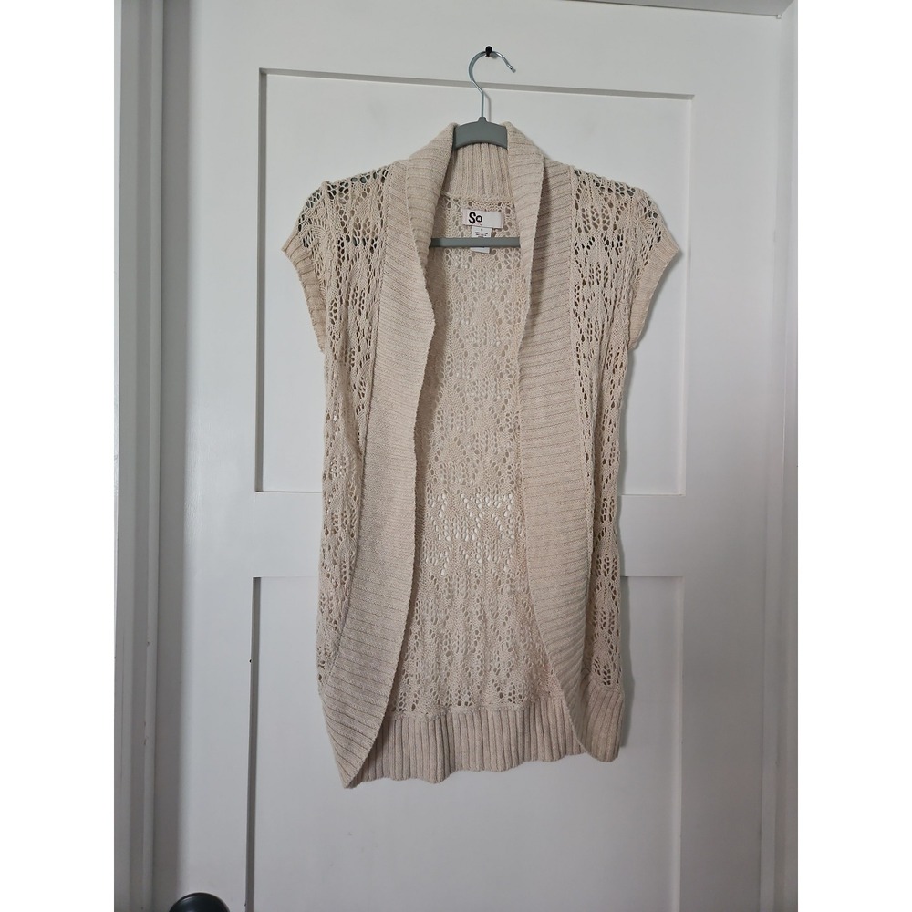 SO Crochet Knit Cardigan Vest Small Beige Cream Open Front Cap Sleeve Boho
